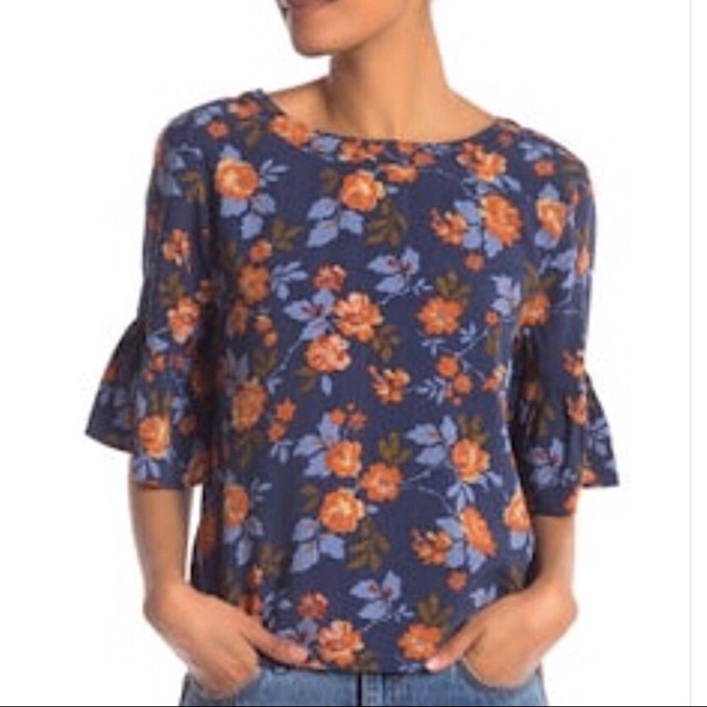 Susina Blue Orange Floral Flutter Sleeve Crop Sz M